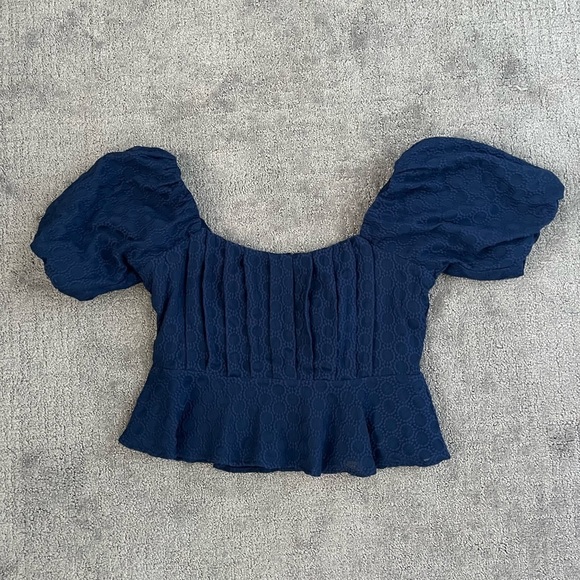 Express Puff Sleeve Blue Square Neck Peplum Top - Picture 1 of 4